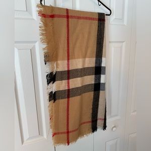 50x55” blanket scarf, camel, red, black, white plaid